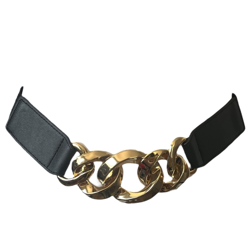 Elastic Belt with Gold Tone Chain Medallion Snap Button